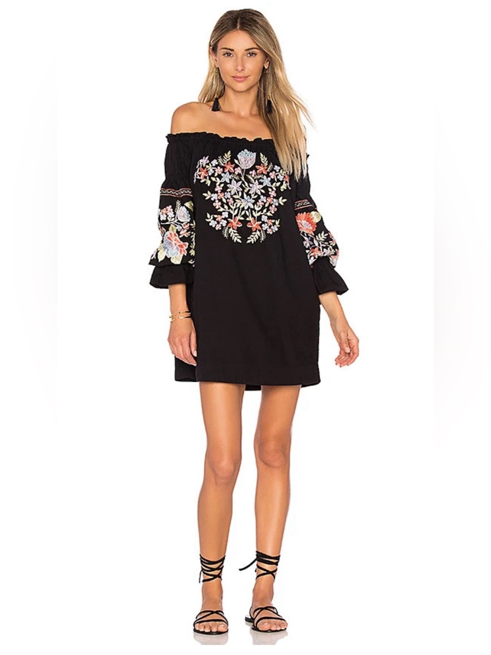 Free People Fleur du Jour Black Off-Shoulder Embroidered Mini Dress Sz XS Black